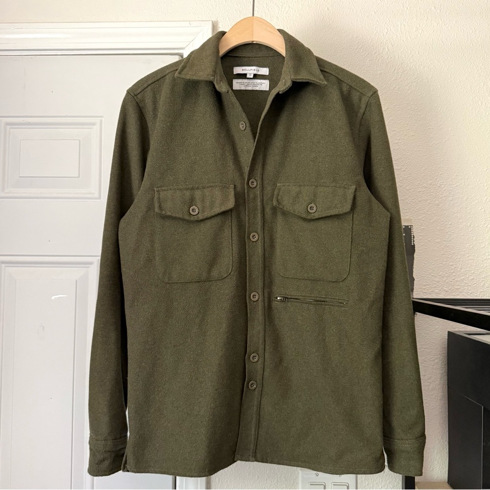 BELLFIELD olive army green button up utility‎ work chore shacket jacket shirt